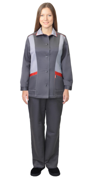 Костюм "ЗОЛУШКА" женский: куртка, брюки т.-серый со св.-серым и крас. отд. Тк. Гретта 190 (ЧЗ)